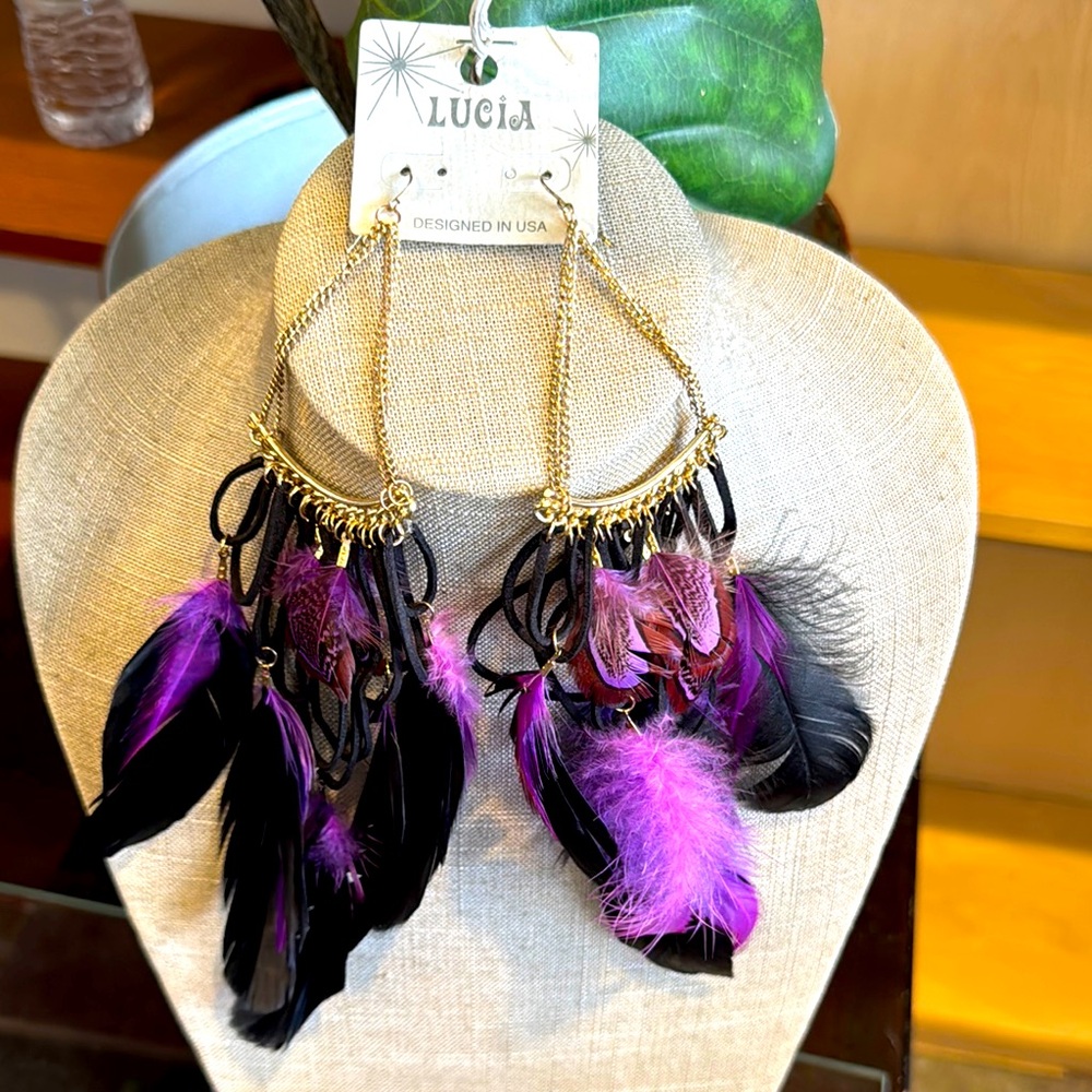 Purple and Black Feather Earrings